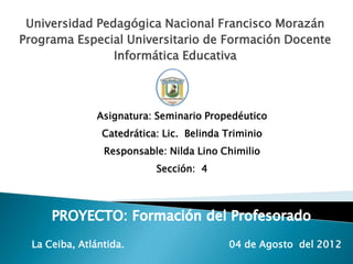 Universidad Pedagógica Nacional Francisco Morazán
Programa Especial Universitario de Formación Docente
                Informática Educativa




                Asignatura: Seminario Propedéutico
                 Catedrática: Lic. Belinda Triminio
                 Responsable: Nilda Lino Chimilio
                            Sección: 4




  La Ceiba, Atlántida.                     04 de Agosto del 2012
 