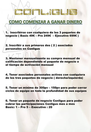 1.  Inscribirse con cualquiera de los 3 paquetes de
negocio ( Basic 49€ – Pro 249€ – Ejecutivo 699€ )
2. Inscribir a sus primeros dos ( 2 ) asociados
personales en Conligus
3. Mantener mensualmente su compra mensual de
calificación dependiendo el paquete de negocio o
el tiempo de activación mensual
4. Tener asociados personales activos con cualquiera
de los tres paquetes de negocio ( derecha/izquierda)
5. Tener un mínimo de 300pv – 150pv para poder cerrar
ciclos de equipo en toda la profundidad de sus equipos
6. Tener un paquete de negocio Conligus para poder
cobrar las participaciones Conligus mes a mes
Basic: 1 – Pro 5 – Executive : 20
 