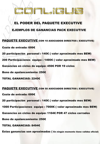 EJEMPLOS DE GANANCIAS PACK EXECUTIVE
PAQUETE EXECUTIVE CON 10 ASOCIADOS DIRECTOS ( EXECUTIVE)
Coste de entrada: 699€
20 participación personal : 140€ ( valor aproximado mes BEW)
200 Participaciones equipo : 1400€ ( valor aproximado mes BEW)
Ganancias en ciclos de equipo: 450€ POR 19 ciclos
Bono de apalancamiento: 250€
TOTAL GANANCIAS: 2240€
PAQUETE EXECUTIVE CON 50 ASOCIADOS DIRECTOS ( EXECUTIVE)
Coste de entrada: 699€
20 participación personal : 140€ ( valor aproximado mes BEW)
1000 Participaciones equipo : 7000€ ( valor aproximado mes BEW)
Ganancias en ciclos de equipo: 1104€ POR 47 ciclos cerrados
Bono de apalancamiento: 250€
TOTAL GANANCIAS: 8494€
Estas ganancias son aproximadas ( En ningún momento tiene validez oficial)
EL PODER DEL PAQUETE EXECUTIVE
 