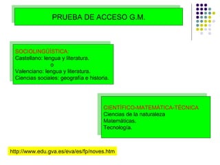 PRUEBA DE ACCESO G.M. SOCIOLINGÜÍSTICA: Castellano: lengua y literatura. o Valenciano: lengua y literatura. Ciencias sociales: geografía e historia.   CIENTÍFICO-MATEMÁTICA-TÉCNICA Ciencias de la naturaleza Matemáticas. Tecnología. http://www.edu.gva.es/eva/es/fp/noves.htm 