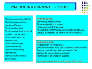 Primer curso : Marketing Internacional. Almacenaje de productos. Financiación Internacional. Aplicaciones informáticas de propósito general. Lengua extranjera en comercio internacional. Segundo curso : Negociación Internacional. Gestión administrativa del comercio internacional. Transporte internacional de mercancías. Medios de pago internacionales. Formación y orientación laboral. Formación en Centros de Trabajo: 380 horas. Técnico en comercio exterior Técnico de operaciones  exteriores (Banca). Técnico en logística. Técnico en administración del  comercio internacional. Técnico en transporte internacional. Técnico de compras. Técnico de ventas. Técnico en marketing internacional. Técnico en almacenaje  de productos .  COMERCIO INTERNACIONAL  -  2.000 h. 