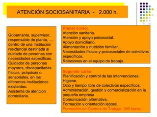 Primer curso: Atención sanitaria. Atención y apoyo psicosocial. Apoyo domiciliario. Alimentación y nutrición familiar. Necesidades físicas y psicosociales de colectivos específicos. Relaciones en el equipo de trabajo. Segundo curso: Planificación y control de las intervenciones. Higiene. Ocio y tiempo libre de colectivos específicos. Administración, gestión y comercialización en la pequeña empresa. Comunicación alternativa. Formación y orientación laboral. Formación en Centros de Trabajo: 380 horas   Gobernante, supervisor,  responsable de planta, ...,  dentro de una Institución  residencial destinada al  cuidado de personas con  necesidades específicas. Cuidador de personas  mayores, discapacitadas  físicas, psíquicas o  sensoriales, en las  diferentes Instituciones  existentes. Asistente de atención  domiciliaria. ATENCIÓN SOCIOSANITARIA  -  2.000 h. 