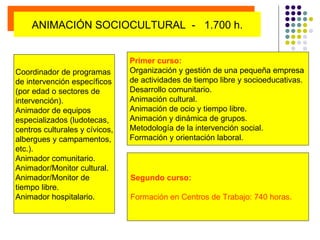 Primer curso: Organización y gestión de una pequeña empresa  de actividades de tiempo libre y socioeducativas. Desarrollo comunitario. Animación cultural. Animación de ocio y tiempo libre. Animación y dinámica de grupos. Metodología de la intervención social. Formación y orientación laboral. Segundo curso: Formación en Centros de Trabajo: 740 horas.   Coordinador de programas de intervención específicos (por edad o sectores de  intervención). Animador de equipos especializados (ludotecas, centros culturales y cívicos, albergues y campamentos, etc.). Animador comunitario. Animador/Monitor cultural. Animador/Monitor de  tiempo libre. Animador hospitalario. ANIMACIÓN SOCIOCULTURAL  -  1.700 h. 