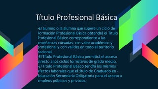 -El alumno o la alumna que supere un ciclo de
Formación Profesional Básica obtendrá el Título
Profesional Básico correspondiente a las
enseñanzas cursadas, con valor académico y
profesional y con validez en todo el territorio
nacional.
-El Título Profesional Básico permitirá el acceso
directo a los ciclos formativos de grado medio.
-El Título Profesional Básico tendrá los mismos
efectos laborales que el título de Graduado en -
Educación Secundaria Obligatoria para el acceso a
empleos públicos y privados.
Título Profesional Básica
 