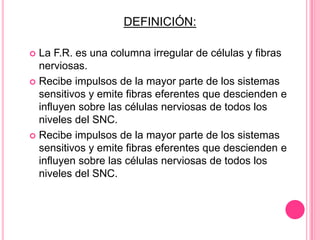 DEFINICIÓN:

 La F.R. es una columna irregular de células y fibras
  nerviosas.
 Recibe impulsos de la mayor parte de los sistemas
  sensitivos y emite fibras eferentes que descienden e
  influyen sobre las células nerviosas de todos los
  niveles del SNC.
 Recibe impulsos de la mayor parte de los sistemas
  sensitivos y emite fibras eferentes que descienden e
  influyen sobre las células nerviosas de todos los
  niveles del SNC.
 