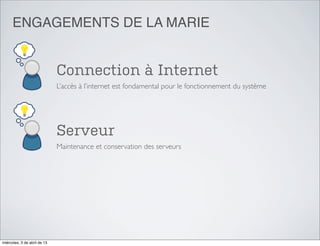 ENGAGEMENTS DE LA MARIE


                              Connection à Internet
                              L’accès à l’internet est fondamental pour le fonctionnement du système




                              Serveur
                              Maintenance et conservation des serveurs




miércoles, 3 de abril de 13
 