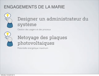 ENGAGEMENTS DE LA MARIE

                              Designer un administrateur du
                              système
                              Gestion des usagers et des procesus


                              Netoyage des plaques
                              photovoltaiques
                              Potentielle energetique maximum




miércoles, 3 de abril de 13
 