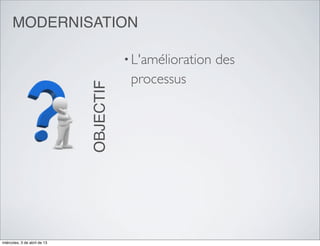 MODERNISATION

                                         • L'amélioration   des
                                          processus
                              OBJECTIF




miércoles, 3 de abril de 13
 