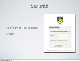 Sécurité


            • Identifant      et Mot de passe

            • Audit




miércoles, 3 de abril de 13
 