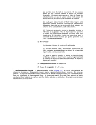 (A) permite cierta libertad de movimiento. El área oscura
dentro de esta posición permite al equipo de moverse
libremente. El equipo debe recordar a cubrir la Puerta de
entrada / salida para que la luz del exterior no la silueta del
equipo dentro de la posición o dar la posición de distancia.
(b) oculta, pero todo el cañón del fusil. Todo el equipo está
dentro de la posición, excepto el cañón del fusil. Dependiendo
del espacio disponible para la construcción de la posición, los
cañones de los fusiles también puede estar adentro.
(c) Proporciona protección contra los incendios directos e
indirectos. El equipo debe tratar de elegir la posición que tiene
un objeto que proporcione protección de arriba buen rock
(seguimiento de vehículos, montón de escombros, etc), o
prepararlo de la misma manera que gastos generales para
cubrir los puestos de infantería.
(2) Desventajas:
(a) Requiere el tiempo de construcción adicionales.
(b) Requiere material extra y herramientas. Construcción de
cubrir los gastos generales requiere la sierra o de los ejes, tela
impermeable, y así sucesivamente.
(c) tiene un espacio limitado. El equipo de francotiradores
tendrán que estaba en el vientre, sin ocultar una gran cantidad
de variación en la posición del cuerpo por motivos de espacio y
diseño de la posición.
(3) Tiempo de construcción: de 4 a 6 horas.
(4) tiempo de ocupación: 12 a 48 horas.
f. semipermanentes Ocultar. El semipermanentes ocultar (Figura 4.12) se utiliza principalmente en
situaciones de defensa. Esta posición requiere equipo y personal adicional para construir. Sin embargo,
permite a los equipos de francotiradores a permanecer allí durante largos períodos o para ser relevado en su
lugar por los equipos de francotiradores otros. Al igual que el vientre de ocultar, esta posición se puede
construir un túnel a través de una loma o en los objetos naturales ya existentes. El semipermanente ocultar
se caracteriza por lo siguiente:
 
