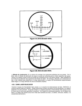 g. Método de combinación. En un entorno de combate, las condiciones perfectas rara vez existen. Por lo
tanto, sólo un método de estimación de rango no puede ser suficiente para la misión específica del equipo.
Terreno con espacio muerto mucho los límites de la exactitud de los 100 metros método. Mala visibilidad de
los límites de la utilización de la apariencia-de-método de objeto. Sin embargo, utilizando una combinación de
dos o más métodos para determinar un rango desconocido, un equipo de francotiradores experimentados
deben llegar a un rango estimado de cerca la verdadera amplitud.
4-24. GAMA LASER BUSCADOR
Cuando el equipo de francotirador tiene acceso a un conjunto de observaciones de láser, AN/GVS-5, el
conjunto siempre debe ser utilizado. Puede proporcionar la gama de equipo de francotiradores a un objetivo
específico con gran precisión. Al apuntar el láser a un objetivo específico, el francotirador debe apoyar mucho
la misma que su arma para garantizar la exactitud. Si el objetivo es demasiado pequeño, con el objetivo del
láser a un objeto más grande cerca de la meta será suficiente (es decir, un edificio, vehículos, árboles, o la
característica del terreno.)
 