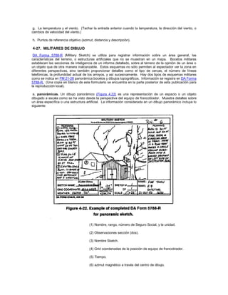 g. La temperatura y el viento. (Tachar la entrada anterior cuando la temperatura, la dirección del viento, o
cambios de velocidad del viento.)
h. Puntos de referencia objetivo (azimut, distancia y descripción).
4-27. MILITARES DE DIBUJO
DA Forma 5788-R (Military Sketch) se utiliza para registrar información sobre un área general, las
características del terreno, o estructuras artificiales que no se muestran en un mapa. Bocetos militares
establecen las secciones de inteligencia de un informe detallado, sobre el terreno de la opinión de un área o
un objeto que de otra manera inalcanzable. Estos esquemas no sólo permiten al espectador ver la zona en
diferentes perspectivas, sino también proporcionar detalles como el tipo de cercas, el número de líneas
telefónicas, la profundidad actual de los arroyos, y así sucesivamente. Hay dos tipos de esquemas militares
como se indica en FM 21-26 panorámica bocetos y dibujos topográficos. Información se registra en DA Forma
5788-R. (Una copia en blanco de este formulario se encuentra en la parte posterior de esta publicación para
la reproducción local).
a. panorámicas. Un dibujo panorámico (Figura 4.22) es una representación de un espacio o un objeto
dibujado a escala como se ha visto desde la perspectiva del equipo de francotirador. Muestra detalles sobre
un área específica o una estructura artificial. La información considerada en un dibujo panorámico incluye lo
siguiente:
(1) Nombre, rango, número de Seguro Social, y la unidad.
(2) Observaciones sección (dos).
(3) Nombre Sketch.
(4) Grid coordenadas de la posición de equipo de francotirador.
(5) Tiempo.
(6) azimut magnético a través del centro de dibujo.
 