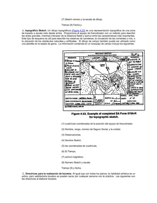 (7) Sketch número y la escala de dibujo.
Tiempo (8) Fecha y.
b. topográfica Sketch. Un dibujo topográficos (Figura 4.23) es una representación topográfica de una zona
de trazado a escala visto desde arriba. Proporciona el equipo de francotirador con un método para describir
las áreas grandes, mientras indicador de la distancia fiable y azimut entre las características más importantes.
Este tipo de esquema es útil para describir los sistemas de carreteras, la circulación de las corrientes o ríos, o
la ubicación de los obstáculos naturales y artificiales. El dibujo de campo también puede ser utilizado como
una plantilla en la tarjeta de gama. La información contenida en un bosquejo de campo incluye los siguientes:
(1) cuadrícula coordenadas de la posición del equipo de francotirador.
(2) Nombre, rango, número de Seguro Social, y la unidad.
(3) Observaciones.
(4) Nombre Sketch.
(5) las coordenadas de cuadrícula.
(6) El Tiempo.
(7) azimut magnético.
(8) Número Sketch y escala.
Tiempo (9) y fecha.
C. Directrices para la realización de bocetos. Al igual que con todos los planos, la habilidad artística es un
activo, pero satisfactoria bocetos se pueden sacar por cualquier persona con la práctica. Las siguientes son
las directrices al elaborar bocetos:
 
