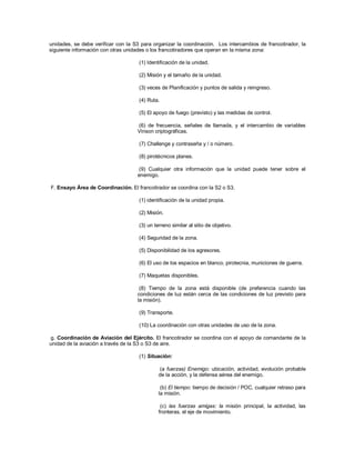 unidades, se debe verificar con la S3 para organizar la coordinación. Los intercambios de francotirador, la
siguiente información con otras unidades o los francotiradores que operan en la misma zona:
(1) Identificación de la unidad.
(2) Misión y el tamaño de la unidad.
(3) veces de Planificación y puntos de salida y reingreso.
(4) Ruta.
(5) El apoyo de fuego (previsto) y las medidas de control.
(6) de frecuencia, señales de llamada, y el intercambio de variables
Vinson criptográficas.
(7) Challenge y contraseña y / o número.
(8) pirotécnicos planes.
(9) Cualquier otra información que la unidad puede tener sobre el
enemigo.
F. Ensayo Área de Coordinación. El francotirador se coordina con la S2 o S3.
(1) identificación de la unidad propia.
(2) Misión.
(3) un terreno similar al sitio de objetivo.
(4) Seguridad de la zona.
(5) Disponibilidad de los agresores.
(6) El uso de los espacios en blanco, pirotecnia, municiones de guerra.
(7) Maquetas disponibles.
(8) Tiempo de la zona está disponible (de preferencia cuando las
condiciones de luz están cerca de las condiciones de luz previsto para
la misión).
(9) Transporte.
(10) La coordinación con otras unidades de uso de la zona.
g. Coordinación de Aviación del Ejército. El francotirador se coordina con el apoyo de comandante de la
unidad de la aviación a través de la S3 o S3 de aire.
(1) Situación:
(a fuerzas) Enemigo: ubicación, actividad, evolución probable
de la acción, y la defensa aérea del enemigo.
(b) El tiempo: tiempo de decisión / POC, cualquier retraso para
la misión.
(c) las fuerzas amigas: la misión principal, la actividad, las
fronteras, el eje de movimiento.
 