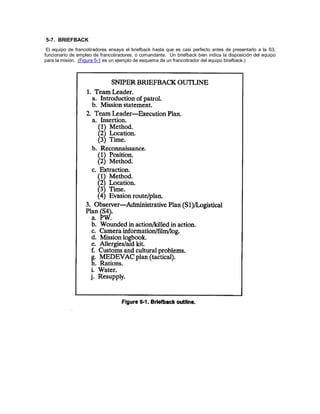 5-7. BRIEFBACK
El equipo de francotiradores ensaya el briefback hasta que es casi perfecto antes de presentarlo a la S3,
funcionario de empleo de francotiradores, o comandante. Un briefback bien indica la disposición del equipo
para la misión. (Figura 5-1 es un ejemplo de esquema de un francotirador del equipo briefback.)
 