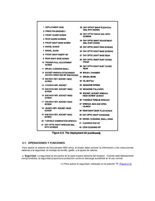2-1. OPERACIONES Y FUNCIONES
Para operar el sistema de francotirador M24 arma, el tirador debe conocer la información y las instrucciones
relativas a la seguridad, el montaje de tornillo, gatillo, y el ajuste de valores.
a. Seguridad. La seguridad se encuentra en la parte trasera derecha del receptor. Cuando está debidamente
comprometidos, la seguridad proporciona protección contra la descarga accidental en el uso normal.
(1) Para activar la seguridad, colóquelo en la posición "S" (Figura 2.3).
 