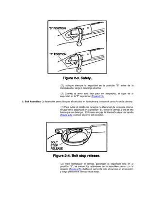 (2), coloque siempre la seguridad en la posición "S" antes de la
manipulación, carga o descarga el arma.
(3) Cuando el arma está lista para ser despedido, el lugar de la
seguridad en la "F" la posición (Figura 2-3).
b. Bolt Asamblea. La Asamblea perno bloquea el cartucho en la recámara y extrae el cartucho de la cámara.
(1) Para quitar el tornillo del receptor, la liberación de la revista interna,
el lugar de la seguridad en la posición "S", elevar el cerrojo, y tira de ella
hasta que se detenga. Entonces empuje la liberación dejar de tornillo
(Figura 2.4) y extraer el perno del receptor.
(2) Para reemplazar el cerrojo, garantizar la seguridad está en la
posición "S", se suman los apéndices de la asamblea perno con el
receptor (Figura 2.5), deslice el perno de todo el camino en el receptor,
y luego presione el cerrojo hacia abajo.
 