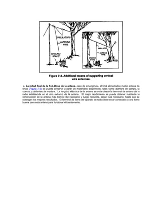 a. La mitad final de la Fed-Wave de la antena. caso de emergencia, al final alimentados medio antena de
onda (Figura 7-5) se puede construir a partir de materiales disponibles, tales como alambre de campo, la
cuerda, y aislantes de madera. La longitud eléctrica de la antena se mide desde la terminal de antena de la
radio establecida en el otro extremo de la antena. El mejor rendimiento se puede obtener mediante la
construcción de la antena más tiempo del necesario y luego reducirla, según sea necesario, hasta que se
obtengan los mejores resultados. El terminal de tierra del aparato de radio debe estar conectado a una tierra
buena para esta antena para funcionar eficientemente.
 