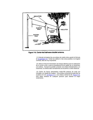 (1) Calcular la longitud de una antena de media onda usando la fórmula
en el apartado 7.5. Cortar los cables lo más cerca posible a la longitud
correcta, esto es muy importante.
(2) utiliza la línea de transmisión de energía eléctrica para la realización
de un punto a otro y para la transferencia de la salida de un transmisor
a la antena. Aunque es posible conectar una antena directamente a un
transmisor, la antena está normalmente se encuentra a cierta distancia.
(3) Centro de Apoyo alimentados medio-FM antenas de onda por
completo con piezas de madera. (Una antena horizontal de este tipo se
muestra en la A, la Figura 7-7 y una antena vertical en B, Figura 7-7).
Gire estas antenas en cualquier posición para obtener el mejor
rendimiento.
 
