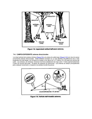 7-4. CAMPO-EXPEDIENTE antenas direccionales
La mitad vertical de la antena rómbica (Figura 7.9) y la antena de cable largo (Figura 7.10) son dos de campo
conveniente antenas direccionales. Estas antenas consisten en un solo alambre, de preferencia dos o más
longitudes de onda largas, con el apoyo en postes a una altura de 3 a 7 metros (10 a 20 pies) por encima del
suelo. Las antenas, sin embargo, funcionan de forma satisfactoria tan bajo como 1 metro (aproximadamente
3 pies) por encima del suelo - el patrón de radiación es direccional. Las antenas se utilizan principalmente
para cualquier transmisión o recepción de señales de alta frecuencia.
 