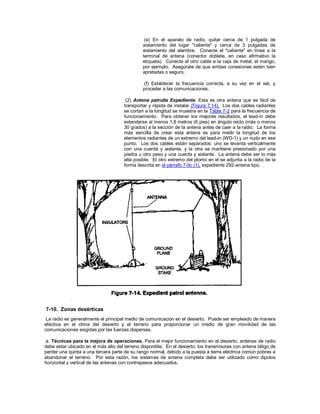 (e) En el aparato de radio, quitar cerca de 1 pulgada de
aislamiento del lugar "caliente" y cerca de 3 pulgadas de
aislamiento del alambre. Conecte el "caliente" en línea a la
terminal de antena (conector doblete, en caso afirmativo la
etiqueta). Conecte el otro cable a la caja de metal, el mango,
por ejemplo. Asegúrate de que ambas conexiones estén bien
apretadas o seguro.
(f) Establecer la frecuencia correcta, a su vez en el set, y
proceder a las comunicaciones.
(2) Antena patrulla Expediente. Esta es otra antena que es fácil de
transportar y rápida de instalar (Figura 7.14). Los dos cables radiantes
se cortan a la longitud se muestra en la Tabla 7-2 para la frecuencia de
funcionamiento. Para obtener los mejores resultados, el lead-in debe
extenderse al menos 1,8 metros (6 pies) en ángulo recto (más o menos
30 grados) a la sección de la antena antes de caer a la radio. La forma
más sencilla de crear esta antena es para medir la longitud de los
elementos radiantes de un extremo del lead-in (WD-1) y un nudo en ese
punto. Los dos cables están separados: uno se levanta verticalmente
con una cuerda y aislante, y la otra se mantiene presionado por una
piedra u otro peso y una cuerda y aislante. La antena debe ser lo más
alta posible. El otro extremo del plomo en el se adjunta a la radio de la
forma descrita en el párrafo 7-9c (1), expediente 292-antena tipo.
7-10. Zonas desérticas
La radio es generalmente el principal medio de comunicación en el desierto. Puede ser empleado de manera
efectiva en el clima del desierto y el terreno para proporcionar un medio de gran movilidad de las
comunicaciones exigidas por las fuerzas dispersas.
a. Técnicas para la mejora de operaciones. Para el mejor funcionamiento en el desierto, antenas de radio
debe estar ubicado en el más alto del terreno disponible. En el desierto, los transmisores con antena látigo de
perder una quinta a una tercera parte de su rango normal, debido a la puesta a tierra eléctrica común pobres a
abandonar el terreno. Por esta razón, los sistemas de antena completa debe ser utilizado como dipolos
horizontal y vertical de las antenas con contrapesos adecuados.
 