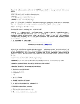 Superior de la Sede establece el formato de SPOTREP, pero el informe sigue generalmente el formato de
saludo.
LÍNEA 1 El tamaño de la fuerza enemiga observado.
LÍNEA 2 Lo que el enemigo estaba haciendo.
LINEA 3, donde se encontraba el enemigo.
Línea 4 La unidad a la que pertenece el enemigo especificados por marcas de los vehículos, los rasgos
distintivos en los uniformes, o equipo especial que puede identificar el tipo de unidad enemiga.
5 Línea del Tiempo, se observó el enemigo.
6 línea de equipos que el enemigo lleva, llevaba, o usado.
Ejemplo: "C12, ESTA ES STRIKER 1, SPOTREP, cambio." "STRIKER 1, esto es C12 ENVIAR MENSAJE,
cambio." "C12, ESTA ES STRIKER 1. LINEA 1: 3. LÍNEA 2 se mueve en dirección oeste. LÍNEA 3:
GL024396. Línea 4: DESCONOCIDO. Línea 5: 2709911437. Línea 6: 1 CON SVD PSO-1 telescopio.
Camuflado y ropa de calle MOCHILA DE DOS personas que lleven AKM-74 fusiles. 9-MM MAKAROV pistolas
con sobaqueras y mochilas. "
7-15. INFORME DE SITUACIÓN
Este apartado cumple con el STANAG 2020.
El equipo de francotiradores presenta el SITREP superior a la sede para informar situaciones tácticas y de
estado. El equipo presenta el informe diario a las 0600 horas después de los acontecimientos importantes o
en la forma exigida por la SEO o comandante. El remitente dice, "SITREP", para alertar al receptor del tipo de
informe que se envía. A continuación se explica el formato de presentación de informes de acuerdo a número
de línea:
1 como la línea del informe de la fecha de grupo a tiempo.
LÍNEA 2 Breve resumen de la actividad del enemigo, las bajas causadas, los prisioneros capturados.
LÍNEA 3 Su ubicación (cifrado - si no el uso de comunicaciones seguras).
De 4 líneas de vehículos de combate, de funcionamiento.
a. Vehículo remolcador mejorada.
b. M3 Bradley/M113A1.
c. M1.
d. Tanques M60A3.
e. M106A1 compañías de mortero.
f. De vehículos blindados lanzado puentes (AVLB).
5 obstáculos línea defensiva codificado.
a. Coordenadas de los campos de minas.
b. Coordenadas de las demoliciones ejecutadas.
 