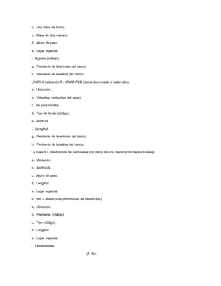 b. Una clase de forma.
c. Clase de dos manera.
d. Altura de paso.
e. Lugar especial.
f. Bypass (código).
g. Pendiente de la entrada del banco.
h. Pendiente de la salida del banco.
LÍNEA 4 vadeando O / SWIM WEB (datos de un vado o nadar sitio).
a. Ubicación.
b. Velocidad (velocidad del agua).
c. De profundidad.
d. Tipo de fondo (código).
e. Anchura.
f. Longitud.
g. Pendiente de la entrada del banco.
h. Pendiente de la salida del banco.
La línea 5 o clasificación de los túneles (los datos de una clasificación de los túneles).
a. Ubicación.
b. Ancho útil.
c. Altura de paso.
d. Longitud.
e. Lugar especial.
6 LINE u obstáculos (información de obstáculos).
a. Ubicación.
b. Pendiente (código).
c. Tipo (código).
d. Longitud.
e. Lugar especial.
f. Dimensiones.
(1) De:
 