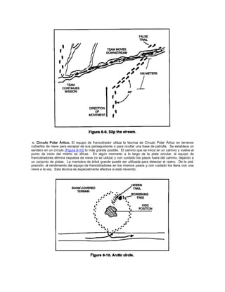 e. Círculo Polar Ártico. El equipo de francotirador utiliza la técnica de Círculo Polar Ártico en terrenos
cubiertos de nieve para escapar de sus perseguidores o para ocultar una base de patrulla. Se establece un
sendero en un círculo (Figura 8-10) lo más grande posible. El camino que se inicia en un camino y vuelve al
punto de inicio del mismo es eficaz. En algún momento a lo largo de la pista circular, el equipo de
francotiradores elimina raquetas de nieve (si se utiliza) y con cuidado los pasos fuera del camino, dejando a
un conjunto de pistas. La maniobra de árbol grande puede ser utilizada para detectar el rastro. De la piel,
posición, el rendimiento del equipo de francotiradores en los mismos pasos y con cuidado los llena con una
nieve a la vez. Esta técnica es especialmente efectiva si está nevando.
 