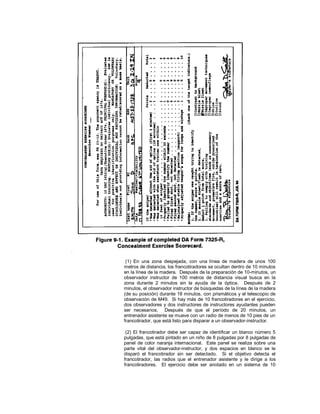 (1) En una zona despejada, con una línea de madera de unos 100
metros de distancia, los francotiradores se ocultan dentro de 10 minutos
en la línea de la madera. Después de la preparación de 10-minutos, un
observador instructor de 100 metros de distancia visual busca en la
zona durante 2 minutos sin la ayuda de la óptica. Después de 2
minutos, el observador instructor de búsquedas de la línea de la madera
(de su posición) durante 18 minutos, con prismáticos y el telescopio de
observación de M49. Si hay más de 10 francotiradores en el ejercicio,
dos observadores y dos instructores de instructores ayudantes pueden
ser necesarios. Después de que el período de 20 minutos, un
entrenador asistente se mueve con un radio de menos de 10 pies de un
francotirador, que está listo para disparar a un observador-instructor.
(2) El francotirador debe ser capaz de identificar un blanco número 5
pulgadas, que está pintado en un niño de 8 pulgadas por 8 pulgadas de
panel de color naranja internacional. Este panel se realiza sobre una
parte vital del observador-instructor, y dos espacios en blanco se le
disparó el francotirador sin ser detectado. Si el objetivo detecta el
francotirador, las radios que el entrenador asistente y le dirige a los
francotiradores. El ejercicio debe ser anotado en un sistema de 10
 