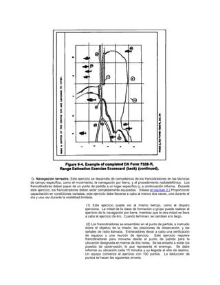 G. Navegación terrestre. Este ejercicio se desarrolla de competencia de los francotiradores en las técnicas
de campo específico, como el movimiento, la navegación por tierra, y el procedimiento radiotelefónico. Los
francotiradores deben pasar de un punto de partida a un lugar específico y, a continuación informe. Durante
este ejercicio, los francotiradores deben estar completamente equipadas. (Véase el capítulo 2.) Proporcionar
capacitación en condiciones variadas, este ejercicio debe llevarse a cabo al menos dos veces, una durante el
día y una vez durante la visibilidad limitada.
(1) Este ejercicio puede vio al mismo tiempo, como el disparo
ejercicios. La mitad de la clase de formación o grupo puede realizar el
ejercicio de la navegación por tierra, mientras que la otra mitad se lleva
a cabo el ejercicio de tiro. Cuando terminan, se cambian a lo largo.
(2) Los francotiradores se ensamblan en el punto de partida, e instruido
sobre el objetivo de la misión, las posiciones de observación, y las
señales de radio llamada. Entrenadores llevar a cabo una verificación
de equipos y una reunión de ejercicio. Este ejercicio requiere
francotiradores para moverse desde el punto de partida para la
ubicación designada en menos de dos horas. Se les enseña a evitar los
puestos de observación, lo que representa el enemigo. Se debe
informar su ubicación cada 15 minutos y su llegada al sitio de destino.
Un equipo comienza el ejercicio con 100 puntos. La deducción de
puntos se hacen las siguientes errores:
 