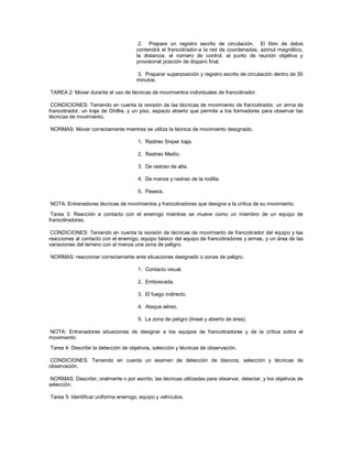 2. Prepare un registro escrito de circulación. El libro de datos
contendrá el francotirador-a la red de coordenadas, azimut magnético,
la distancia, el número de control, al punto de reunión objetiva y
provisional posición de disparo final.
3. Preparar superposición y registro escrito de circulación dentro de 30
minutos.
TAREA 2: Mover durante el uso de técnicas de movimientos individuales de francotirador.
CONDICIONES: Teniendo en cuenta la revisión de las técnicas de movimiento de francotirador, un arma de
francotirador, un traje de Ghillie, y un piso, espacio abierto que permite a los formadores para observar las
técnicas de movimiento.
NORMAS: Mover correctamente mientras se utiliza la técnica de movimiento designado.
1. Rastreo Sniper baja.
2. Rastreo Medio.
3. De rastreo de alta.
4. De manos y rastreo de la rodilla.
5. Paseos.
NOTA: Entrenadores técnicas de movimientos y francotiradores que designe a la crítica de su movimiento.
Tarea 3: Reacción a contacto con el enemigo mientras se mueve como un miembro de un equipo de
francotiradores.
CONDICIONES: Teniendo en cuenta la revisión de técnicas de movimiento de francotirador del equipo y las
reacciones al contacto con el enemigo, equipo básico del equipo de francotiradores y armas, y un área de las
variaciones del terreno con al menos una zona de peligro.
NORMAS: reaccionar correctamente ante situaciones designado o zonas de peligro.
1. Contacto visual.
2. Emboscada.
3. El fuego indirecto.
4. Ataque aéreo.
5. La zona de peligro (lineal y abierto de área).
NOTA: Entrenadores situaciones de designar a los equipos de francotiradores y de la crítica sobre el
movimiento.
Tarea 4: Describir la detección de objetivos, selección y técnicas de observación.
CONDICIONES: Teniendo en cuenta un examen de detección de blancos, selección y técnicas de
observación.
NORMAS: Describir, oralmente o por escrito, las técnicas utilizadas para observar, detectar, y los objetivos de
selección.
Tarea 5: Identificar uniforme enemigo, equipo y vehículos.
 