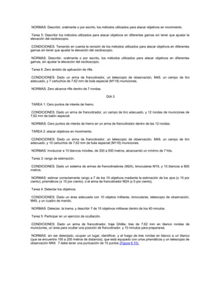 NORMAS: Describir, oralmente o por escrito, los métodos utilizados para atacar objetivos en movimiento.
Tarea 5: Describir los métodos utilizados para atacar objetivos en diferentes gamas sin tener que ajustar la
elevación del osciloscopio.
CONDICIONES: Teniendo en cuenta la revisión de los métodos utilizados para atacar objetivos en diferentes
gamas sin tener que ajustar la elevación del osciloscopio.
NORMAS: Describir, oralmente o por escrito, los métodos utilizados para atacar objetivos en diferentes
gamas, sin ajustar la elevación del osciloscopio.
Tarea 6: Zero ámbito de aplicación de rifle.
CONDICIONES: Dado un arma de francotirador, un telescopio de observación, M49, un campo de tiro
adecuado, y 7 cartuchos de 7,62 mm de bola especial (M118) municiones.
NORMAS: Zero alcance rifle dentro de 7 rondas.
DIA 3
TAREA 1: Cero puntos de interés de hierro.
CONDICIONES: Dado un arma de francotirador, un campo de tiro adecuado, y 12 rondas de municiones de
7,62 mm de balón especial.
NORMAS: Cero puntos de interés de hierro en un arma de francotirador dentro de las 12 rondas.
TAREA 2: atacar objetivos en movimiento.
CONDICIONES: Dado un arma de francotirador, un telescopio de observación, M49, un campo de tiro
adecuado, y 10 cartuchos de 7,62 mm de bola especial (M118) municiones.
NORMAS: Involucrar a 10 blancos móviles, de 300 a 500 metros, alcanzando un mínimo de 7 hits.
Tarea 3: rango de estimación.
CONDICIONES: Dado un sistema de armas de francotiradores (M24), binoculares M19, y 10 blancos a 800
metros.
NORMAS: estimar correctamente rango a 7 de los 10 objetivos mediante la estimación de los ojos (± 15 por
ciento), prismáticos (± 10 por ciento), o el arma de francotirador M24 (± 5 por ciento).
Tarea 4: Detectar los objetivos.
CONDICIONES: Dado un área adecuada con 10 objetos militares, binoculares, telescopio de observación,
M49, y un cuadro de mando.
NORMAS: Detectar, la trama, y describir 7 de 10 objetivos militares dentro de los 40 minutos.
Tarea 5: Participar en un ejercicio de ocultación.
CONDICIONES: Dado un arma de francotirador, traje Ghillie, tres de 7,62 mm en blanco rondas de
municiones, un área para ocultar una posición de francotirador, y 10 minutos para prepararse.
NORMAS: sin ser detectado, ocupan un lugar, identificar, y el fuego de tres rondas en blanco a un blanco
(que se encuentra 100 a 200 metros de distancia), que está equipado con unos prismáticos y un telescopio de
observación M49. 7 debe tener una puntuación de 10 puntos (Figura 9.10).
 