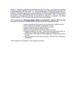 Cuadro N º 1 de destino compromisos principalmente entre 200 y 700 metros. Las puntuaciones se registran
en DA Forma 7329-R, calificación Cuadro No. 1 Scorecard (Figura 9.12). Calificación grados Cuadro N º 2 en
el tiempo oscila entre 300 y 900 metros. Las puntuaciones se registran en DA Forma 7330-R, calificación
Cuadro No. 2 Scorecard (Figura 9.13). Aunque el sistema de arma de francotirador tiene un alcance máximo
de 800-metros eficaz, puede efectivamente alcanzar blancos a 1.000 metros. Este es un reto para el
francotirador y, con la participación con éxito, es un constructor de confianza en su capacidad. Para calificar
el despido tablas No. 1 y No. 2, el tirador debe adherirse a las normas siguientes:
NOTA: Finalización de la DA Formas 7329-R y 7330-R es auto-explicativo. Copias en blanco de estos
formularios se encuentran en la parte posterior de este manual para la reproducción local.
 Lograr un estándar de 70 por ciento de los 140 puntos de un posible 200 puntos.
 Fire una primera ronda de golpe a la igualdad de 10 puntos.
 Fuego una segunda vuelta si la primera vuelta no ve puerta.
 Reciba 5 puntos si la segunda vuelta en el blanco.
 Recibirá una puntuación de 0 si la segunda vuelta no ve puerta.
 Disparando completo en 30 minutos. Total de todos los hits de primera ronda y se
multiplica por 10; total de hits de segunda ronda y se multiplica por 5.
 Añadir la primera ronda y segunda ronda de golpes para un total puntuación de tiro
de mesa.
 Conoce al estándar de 70 por ciento (140 puntos). Controles Trainer satisfactoria o
insatisfactoria.
NOTA: Entrenador de francotirador y firmar la tarjeta de puntuación.
 