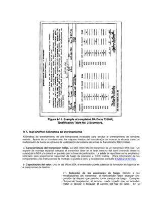 9-7. M24 SNIPER kilómetros de entrenamiento
Kilómetros de entrenamiento es una herramienta invaluable para simular el entrenamiento de combate
realista. Aparte de un combate real, los mejores medios del francotirador de mostrar la eficacia como un
multiplicador de fuerza es a través de la utilización del sistema de armas de francotirador M24 (millas).
a. Características del transmisor millas. La M24 SWS MILES transmisor es un transmisor M16 vez. Un
soporte de montaje especial concede el transmisor láser en el lado derecho del barril (mirando desde la
culata) de la M24 y la coloca en paralelo con la línea de perforación. La salida de rayo láser se ha ampliado y
reforzado para proporcionar capacidad de fuego de precisión a 1.000 metros. (Para información de los
componentes y las instrucciones de montaje, la puesta a cero, y la operación, consulte 9-1265-211-10 TM).
b. Capacitación del valor. Uso de las Millas M24, el entrenador puede potenciar la formación en logística en
el compromiso de destino.
(1) Selección de las posiciones de fuego. Debido a las
modificaciones del transmisor, el francotirador debe alcanzar una
posición de disparo que permite borrar campos de fuego. Cualquier
obstrucción (vegetación, el terreno) puede impedir que un one-shot
matar al desviar o bloquear el camino del haz de láser. En la
 