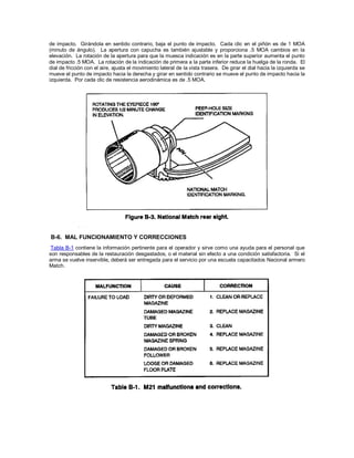 de impacto. Girándola en sentido contrario, baja el punto de impacto. Cada clic en el piñón es de 1 MOA
(minuto de ángulo). La apertura con capucha es también ajustable y proporciona .5 MOA cambios en la
elevación. La rotación de la apertura para que la muesca indicación es en la parte superior aumenta el punto
de impacto .5 MOA. La rotación de la indicación de primera a la parte inferior reduce la huelga de la ronda. El
dial de fricción con el aire, ajusta el movimiento lateral de la vista trasera. De girar el dial hacia la izquierda se
mueve el punto de impacto hacia la derecha y girar en sentido contrario se mueve el punto de impacto hacia la
izquierda. Por cada clic de resistencia aerodinámica es de .5 MOA.
B-6. MAL FUNCIONAMIENTO Y CORRECCIONES
Tabla B-1 contiene la información pertinente para el operador y sirve como una ayuda para el personal que
son responsables de la restauración desgastados, o el material sin efecto a una condición satisfactoria. Si el
arma se vuelve inservible, deberá ser entregada para el servicio por una escuela capacitados Nacional armero
Match.
 