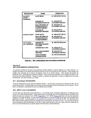 Sección II
M21 AVISTAMIENTO DISPOSITIVOS
Un alcance montada en el fusil de francotirador permite detectar y atacar objetivos con mayor eficacia. La
imagen del destino en el ámbito de aplicación está en el foco con el punto de mira (retícula). Esto permite una
imagen más centrada de la meta y el objetivo punto en el mismo tiempo. Otra ventaja del ámbito de
aplicación es su capacidad para ampliar el objetivo. Esto aumenta la resolución de la imagen del destino, por
lo que es más clara y definida. Tenga en mente, un ámbito de aplicación no hace un soldado de una mejor
francotirador, que sólo le ayuda a ver mejor.
B-7. Auto-Rango TELESCOPIO
Auto-van telescopios forman parte del sistema de M21. Los dos tipos de artes en el sistema de M21 son el
yo del Arte y Arte II. El diseño básico y principio de funcionamiento de los dos ámbitos son los mismos. Por lo
tanto, se describen conjuntamente, pero sus diferencias se señaló.
B-8. ARTE I y Art. II ALCANCES
El arte tiene una adquiridos comercialmente 3 - a 9-variable poder scopesight telescópica, modificados para
el uso con el rifle de francotirador. Este ámbito tiene una retícula vez con un balísticos ganar montado en el
anillo de ajuste de energía en el I ARTE (Figura B-4). El II ARTE (Figura B-5) tiene una cámara separada
balísticos y el anillo de poder. El arte está montada sobre un resorte montaje de la base que se adapta para
ajustarse a la M14. Es transportado en un estuche duro cuando no se monta en el rifle. Los alcances de la
M21 sistema SWS también puede ser utilizado para la estimación de rango en bruto. Una vez que el equipo
de francotiradores está familiarizado con la M21 y está acostumbrado a que van a cabo sobre los objetivos, se
hace una nota mental de que el poder ajustar el timbre está a varias distancias.
 