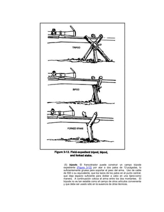 (5) bípode. El francotirador puede construir un campo bípode
expediente (Figura 3-12) por atar a dos palos de 12-pulgadas, lo
suficientemente gruesa para soportar el peso del arma. Uso de cable
de 550 o su equivalente, que los lazos de los palos en el punto central,
que deja espacio suficiente para doblar a cabo en una tijera-como
manera. A continuación coloca el arma entre los dos montantes. El
bípode no es tan estable como el campo de otros artículos conveniente
y que debe ser usado sólo en la ausencia de otras técnicas.
 