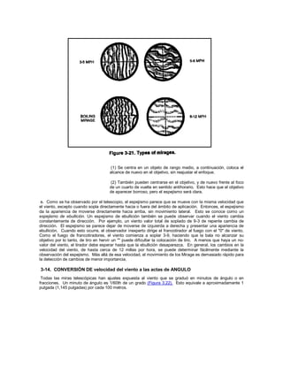 (1) Se centra en un objeto de rango medio, a continuación, coloca el
alcance de nuevo en el objetivo, sin reajustar el enfoque.
(2) También pueden centrarse en el objetivo, y de nuevo frente al foco
de un cuarto de vuelta en sentido antihorario. Esto hace que el objetivo
de aparecer borroso, pero el espejismo será clara.
e. Como se ha observado por el telescopio, el espejismo parece que se mueve con la misma velocidad que
el viento, excepto cuando sopla directamente hacia o fuera del ámbito de aplicación. Entonces, el espejismo
da la apariencia de moverse directamente hacia arriba, sin movimiento lateral. Esto se conoce como un
espejismo de ebullición. Un espejismo de ebullición también se puede observar cuando el viento cambia
constantemente de dirección. Por ejemplo, un viento valor total de soplado de 9-3 de repente cambia de
dirección. El espejismo se parece dejar de moverse de izquierda a derecha y presentar una apariencia de
ebullición. Cuando esto ocurre, el observador inexperto dirige el francotirador al fuego con el "0" de viento.
Como el fuego de francotiradores, el viento comienza a soplar 3-9, haciendo que la bala no alcanzar su
objetivo por lo tanto, de tiro en hervir un "" puede dificultar la colocación de tiro. A menos que haya un no-
valor del viento, el tirador debe esperar hasta que la ebullición desaparezca. En general, los cambios en la
velocidad del viento, de hasta cerca de 12 millas por hora, se puede determinar fácilmente mediante la
observación del espejismo. Más allá de esa velocidad, el movimiento de los Mirage es demasiado rápido para
la detección de cambios de menor importancia.
3-14. CONVERSIÓN DE velocidad del viento a las actas de ANGULO
Todas las miras telescópicas han ajustes expuesta al viento que se graduó en minutos de ángulo o en
fracciones. Un minuto de ángulo es 1/60th de un grado (Figura 3.22). Esto equivale a aproximadamente 1
pulgada (1,145 pulgadas) por cada 100 metros.
 