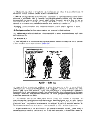 A. Natural. camuflaje natural es la vegetación o de materiales que son nativas de la zona determinada. El
francotirador aumenta su aspecto mediante el uso de camuflaje natural.
b. artificial. camuflaje artificial es cualquier material o sustancia que se produce con el fin de colorear o cubrir
algo con el fin de ocultarlo. Palos de camuflaje o pinturas de la cara se utilizan para cubrir todas las áreas
expuestas de la piel, como la cara, las manos y la parte posterior del cuello. Las partes de la cara que las
sombras formulario debe ser aclarado, y las partes que debe brillar a oscuras. Los tres tipos de patrones de
camuflaje de los usos del equipo de francotiradores son rayas, manchas, y la combinación.
(1) Striping. Usada cuando en las zonas densamente arboladas y cuando frondosa vegetación es escasa.
(2) Ronchas o manchas. Se utiliza cuando una zona está repleto de frondosa vegetación.
(3) Combinación. Usada cuando se mueve a través de cambiar de terreno. Normalmente es el mejor patrón
de todos los redonda.
4-4. GHILLIE SUIT
El juego del ghillie es un uniforme de camuflaje especialmente diseñada que se cubre con los patrones
irregulares de guarnición o de compensación (Figura 4.1).
a. Juegos de Ghillie se puede hacer de BDUs o un aviador pieza uniformes de tipo. En cuanto al interior
uniforme a lugares dentro de los bolsillos del traje. Esto protege a los artículos en los bolsillos de los daños
causados por el rastreo sobre el terreno. La parte frontal de la demanda de Ghillie deben estar cubiertos con
lonas o algún tipo de tela gruesa para reforzarla. Las rodillas y los codos deben estar cubiertos con dos capas
de tela y la costura de la entrepierna debe ser reforzado con hilo de nylon pesados ya que estas zonas son
propensas a desgastarse más rápido.
b. La guarnición o compensación debe cubrir los hombros y llegan hasta los codos en las mangas. La
guarnición se aplica a la parte posterior de la demanda debe ser suficientemente largo para cubrir los lados
del francotirador cuando está en la posición prona. Un sombrero de Bush también está cubierto con
guarnición o redes. La guarnición debe pertenecer suficiente para la ruptura de las líneas del cuello del
francotirador, pero no deben ser tan largos en el frente para ocultar su visión o dificultar el movimiento.
c. Un velo puede hacerse de una red o un trozo de tela cubierta con guarnición o redes. Cubre el arma y la
cabeza francotirador cuando en una posición de tiro. El velo puede ser cosidos en el traje Ghillie o llevado por
 