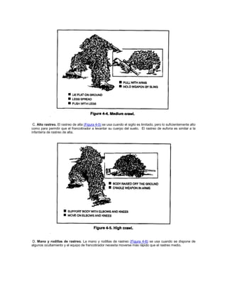 C. Alto rastreo. El rastreo de alta (Figura 4-5) se usa cuando el sigilo es limitado, pero lo suficientemente alto
como para permitir que el francotirador a levantar su cuerpo del suelo. El rastreo de euforia es similar a la
infantería de rastreo de alta.
D. Mano y rodillas de rastreo. La mano y rodillas de rastreo (Figura 4-6) se usa cuando se dispone de
algunos ocultamiento y el equipo de francotirador necesita moverse más rápido que el rastreo medio.
 