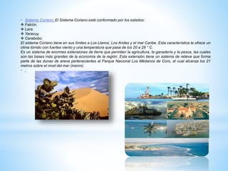 • Sistema Coriano; El Sistema Coriano está conformado por los estados:
 Falcón.
 Lara.
 Yaracuy.
 Carabobo.
El sistema Coriano tiene en sus límites a Los Llanos, Los Andes y el mar Caribe. Esta característica le ofrece un
clima tórrido con fuertes viento y una temperatura que pasa de los 20 a 28 ° C.
Es un sistema de enormes extensiones de tierra que permiten la agricultura, la ganadería y la pesca, las cuales
son las bases más grandes de la economía de la región. Esta extensión tiene un sistema de relieve que forma
parte de las dunas de arena pertenecientes al Parque Nacional Los Médanos de Coro, el cual alcanza los 21
metros sobre el nivel del mar (msnm).
• ;
 