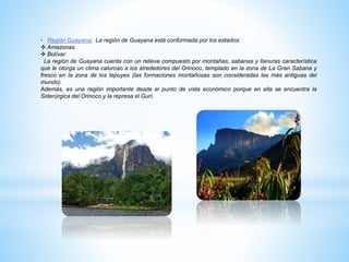 • Región Guayana; La región de Guayana está conformada por los estados:
 Amazonas.
 Bolívar.
La región de Guayana cuenta con un relieve compuesto por montañas, sabanas y llanuras característica
que le otorga un clima caluroso a los alrededores del Orinoco, templado en la zona de La Gran Sabana y
fresco en la zona de los tepuyes (las formaciones montañosas son consideradas las más antiguas del
mundo).
Además, es una región importante desde el punto de vista económico porque en ella se encuentra la
Siderúrgica del Orinoco y la represa el Gurí.
 