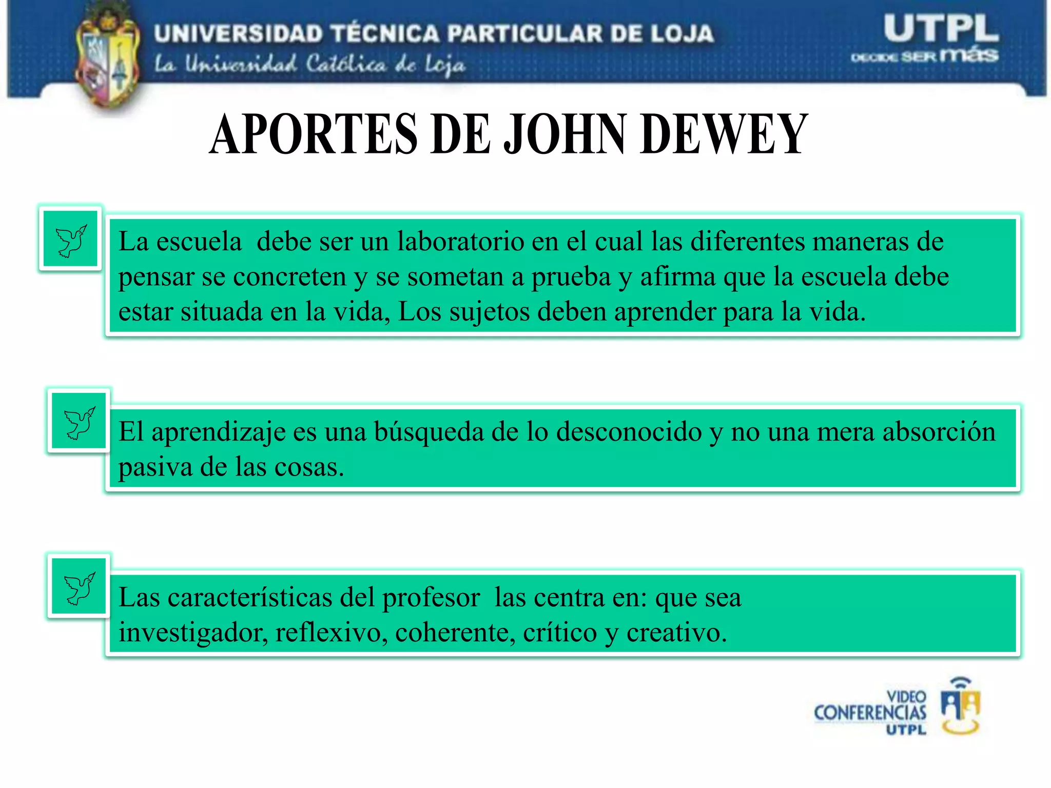 APORTES DE FRÖBELRecomienda el método integral en la organización de los estudios, dando origen al desarrollo del concepto de educación integral. Fue el primero en construir una pedagogía científica que se fundamenta en la filosofía y psicología. Considera que el fin último de la educación es la moralidad. Su  pedagogía trata de despertar en el niño sus facultades respetando su  libre desarrollo; concede valor a la actividad del niño, al juego, la música, el dibujo, la conversación, el modelado. La educación es un proceso evolutivo natural de las disposiciones humanas innatas.