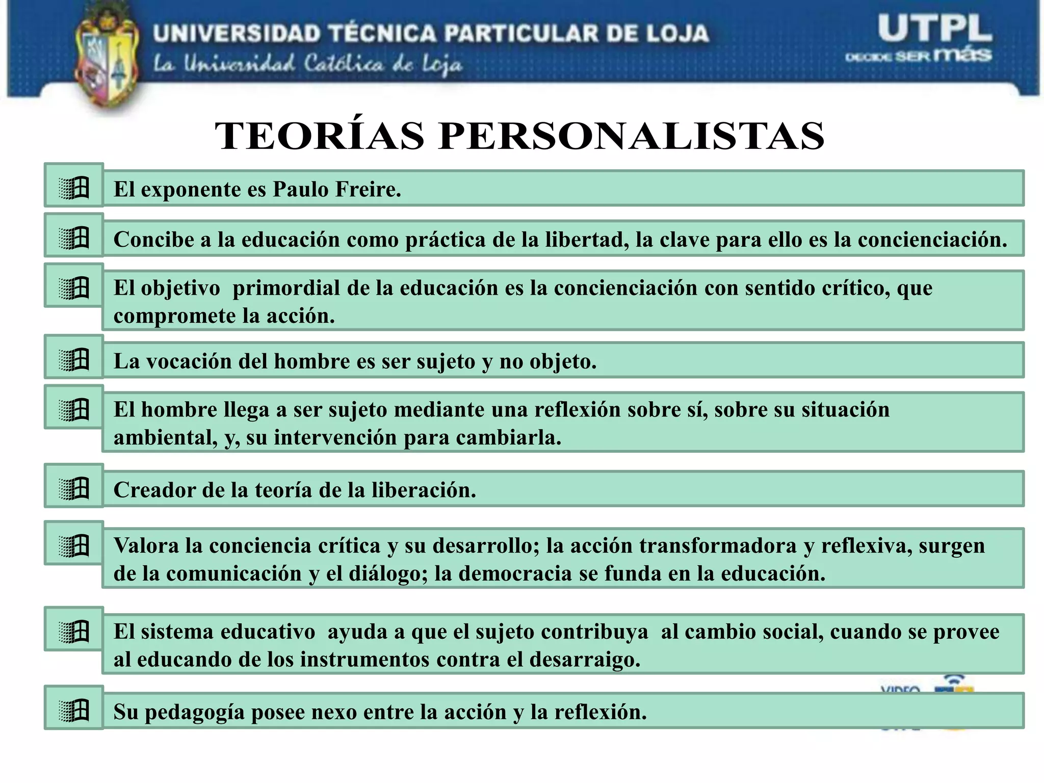 TEORIAS DE LA DESESCOLARIZACIÓNGoodman, plantea la humanización convivencial de la educación.La valoración de la libertad..La no-obligatoriedad de asistencia a clase .La descentralización de la escuela en pequeñas unidades escolares..Considera a la ciudad como escuela y afirma que los adultos de la comunidad se preocupan porque el niño sea educado..Recomienda buscar ambientes sustitutivos de la escuela para que el niño y el joven tengan tiempo de madurar, construirse y formarse sin perder el protagonismo de su propia educación sin acciones ni represiones.Propone libertad, autonomía, respeto y confianza, que son lo que la escuela frustra e imposibilita.