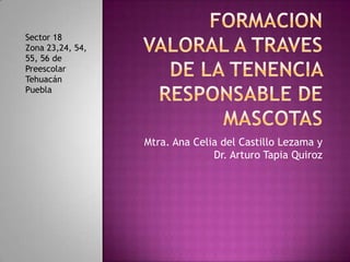 Mtra. Ana Celia del Castillo Lezama y
Dr. Arturo Tapia Quiroz
Sector 18
Zona 23,24, 54,
55, 56 de
Preescolar
Tehuacán
Puebla
 