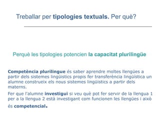 Treballar per  tipologies textuals.  Per què?   Competència plurilingue  és saber aprendre moltes llengües a partir dels sistemes lingüistics propis fer transferència lingüística un alumne construeix els nous sistemes lingüistics a partir dels materns.  Fer que l'alumne  investigui  si veu què pot fer servir de la llengua 1 per a la llengua 2 està investigant com funcionen les llengües i això és  competencial . Perquè les tipologies potencien  la capacitat plurilingüe  