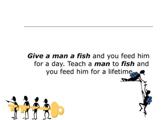 Give a man a fish  and you feed him for a day. Teach a  man  to  fish  and you feed him for a lifetime.  