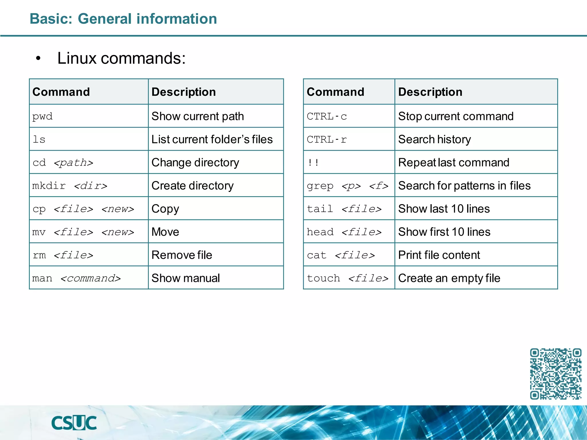 Basic: General information
• Linux commands:
Command Description
pwd Show current path
ls List current folder’s files
cd <path> Change directory
mkdir <dir> Create directory
cp <file> <new> Copy
mv <file> <new> Move
rm <file> Remove file
man <command> Show manual
Command Description
CTRL-c Stop current command
CTRL-r Search history
!! Repeatlast command
grep <p> <f> Search for patterns in files
tail <file> Show last 10 lines
head <file> Show first 10 lines
cat <file> Print file content
touch <file> Create an empty file
 