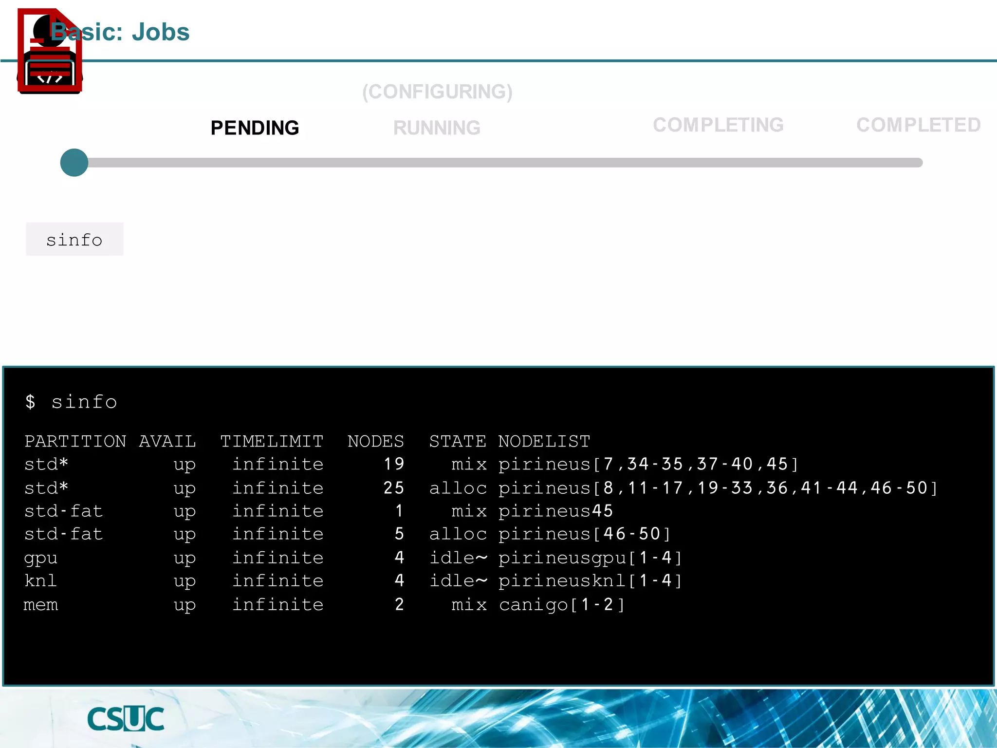 PARTITION AVAIL TIMELIMIT NODES STATE NODELIST
std* up infinite 19 mix pirineus[7,34-35,37-40,45]
std* up infinite 25 alloc pirineus[8,11-17,19-33,36,41-44,46-50]
std-fat up infinite 1 mix pirineus45
std-fat up infinite 5 alloc pirineus[46-50]
gpu up infinite 4 idle~ pirineusgpu[1-4]
knl up infinite 4 idle~ pirineusknl[1-4]
mem up infinite 2 mix canigo[1-2]
$ sinfo
PENDING
(CONFIGURING)
RUNNING COMPLETED
sinfo
COMPLETING
Basic: Jobs
 