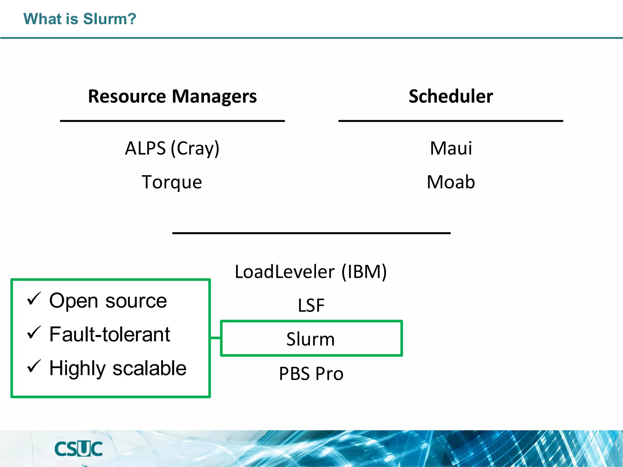 ✓ Open source
✓ Fault-tolerant
✓ Highly scalable
LoadLeveler (IBM)
LSF
Slurm
PBS Pro
Resource Managers Scheduler
What is Slurm?
ALPS (Cray)
Torque
Maui
Moab
 